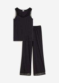 Pyjama mit Spitzeneinsatz in schwarz, Grösse 40/42 (M), 100% Baumwolle, bonprix