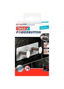 Tesa Powerbutton Hakenleiste Classic, Edelstahl, 2 oder 3 Haken, hält bis max. 12 kg, 2 Haken