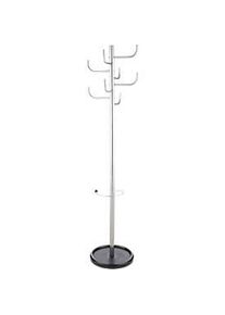 Garderobenständer, 8 Haken, mit Schirmhalter & Tropfmulde, H 1720 x Ø 390 mm, Metall, silbermetallic