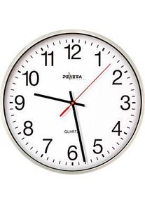 PEWETA Quarzwanduhr mit geräuschlosem Uhrwerk Ø 250 mm, silberfarbenes Kunststoffgehäuse, 1,5 V Batteriebetrieb