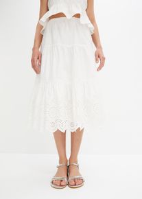 Stufenrock mit Lochstickerei in weiss, Gr&ouml;sse 44, 100% Baumwolle, bonprix