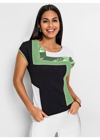 WITT Damen Rundhalsshirt mit Pailletten vorne, schwarz-apfel-gemustert, Gr&ouml;&szlig;e 40, 95% Viskose, 5% Elasthan