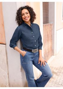 WITT Damen Jeansbluse mit R&uuml;schen-Verzierung, blue-stone-washed, Gr&ouml;&szlig;e 52, 100% Baumwolle