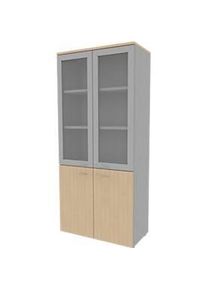 Schrank ARLON OFFICE, 5 Ordnerhöhen, 2 Glastüren m. Rahmen, 2 Melamintüren, H 2000 mm, Eiche-Dekor/alu