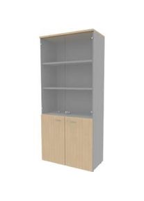 Schrank ARLON OFFICE, 5 Ordnerhöhen, 2 Glastüren, 2 Melamintüren, H 2000 mm, Eiche-Dekor/alu