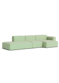 Mags Soft Sofa 3-Sitzer Combination 4 Low Armrest Armlehne rechts Hay Stoff Tartaglia Grün/Weiß mit Beige Naht