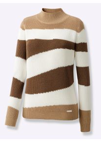 WITT Damen Stehkragenpullover mit Intarsienstrick-Muster, braun-ecru-gemustert, Größe 42, 50% Baumwolle, 50% Polyacryl