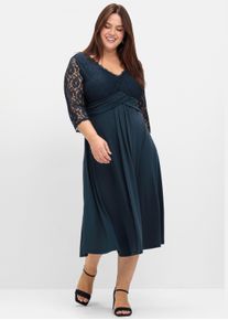 sheego Witt Damen Abendkleid mit Oberteil aus floraler Spitze, nachtblau, Größe 56, 95% Polyester, 5% Elasthan. Spitze: 100% Polyamid