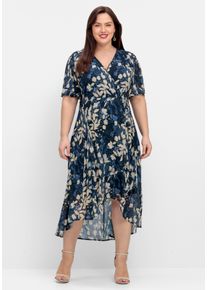sheego Witt Damen Chiffonkleid in Wickeloptik, mit Blätterprint, nachtblau-gemustert, Größe 44, 100% Polyester