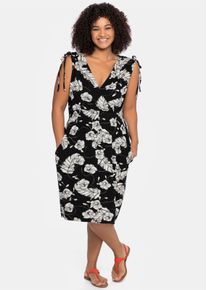 sheego Witt Damen Strandkleid mit Blumenprint, in Wickeloptik, schwarz-weiß, Größe 56, 95% Viskose, 5% Elasthan
