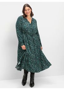 sheego Witt Damen Blusenkleid mit Tunnelzug in der Taille, tiefgrün-gemustert, Größe 54, 100% Viskose