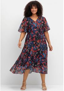 sheego Witt Damen Chiffonkleid mit Blumendruck und Volant am Saum, marine-gemustert, Größe 56, 100% Polyester
