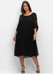 sheego Witt Damen Chiffonkleid in Midilänge, schwarz, Größe 58, 100% Polyester