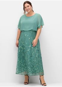 sheego Witt Damen Abendkleid aus Mesh, mit besticktem Rock, rauchgrün, Größe 50, 100% Polyester. Spitze: 100% Polyester