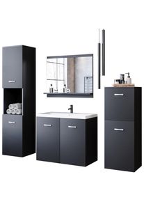 Welltime Badmöbel-Set »PARLA«, (Komplett-Set, 5 St.), Waschtisch inkl. Waschbecken, Spiegel, Hochschrank und Hängeschrank schwarz graphite schwarz...