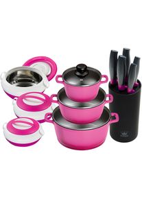 King Topf-Set »Berry«, Aluminiumguss, (Set, 15 tlg., 3 Töpfe, 3 Deckel, Messerblock, 5 Kochmesser, 3 Thermobehälter), Induktion lila violett