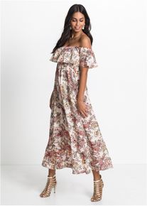 Carmen-Kleid aus flie&szlig;ender Viskose in beige, Gr&ouml;sse 34, bonprix