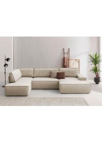 Wohnlandschaft »SHERWOOD 329 cm, U-Form, Schlafsofa,« Schlaffunktion m. Bettkasten (194x139 cm), Cord, Vintage, Samtvelours , beige , Home Affaire