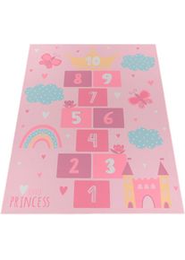 Kinderteppich &raquo;Bino 585&laquo; rechteckig 4 mm H&ouml;he Spielteppich, Kurzflor, Motiv Regenbogen & H&uuml;pfk&auml;stchen , pink , Paco Home , Obermaterial: 100%...