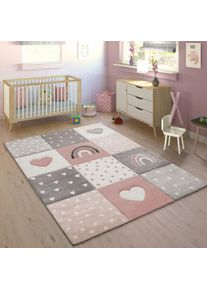Kinderteppich »Cosmos 349« rechteckig 16 mm Höhe Kurzflor, kariert, 3D Effekt, Motiv Regenbogen, Herz & Punkte , pink , Paco Home , Obermaterial:...