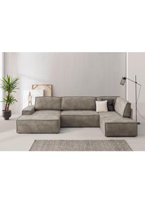 Wohnlandschaft »SHERWOOD 329 cm, U-Form, Schlafsofa,« Schlaffunktion m. Bettkasten (194x139 cm), Cord, Vintage, Samtvelours , grau , Home Affaire