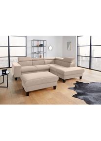 Polstergarnitur »Morven L-Form«, (Set), Set bestehend aus: Ecksofa mit Kopfteilverstellung & Hocker , beige , COTTA