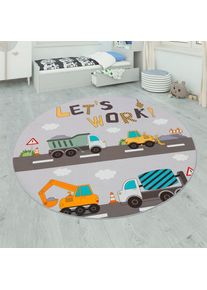Kinderteppich »Bino 578« rund 4 mm Höhe Spielteppich, Motiv Autos & Baustelle, Kinderzimmer , grau , Paco Home , Obermaterial: 100% Polyester