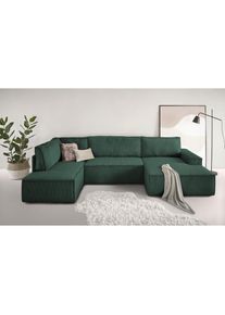 Wohnlandschaft »SHERWOOD 329 cm, U-Form, Schlafsofa,« Schlaffunktion m. Bettkasten (194x139 cm), Cord, Vintage, Samtvelours , grün , Home Affaire