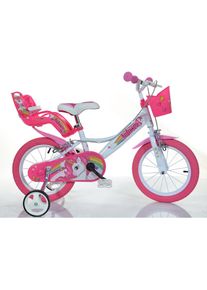 DINO, Kinderfahrrad &raquo;Unicorn Einhorn&laquo; 1 Gang mit St&uuml;tzr&auml;dern, Korb und Puppensitz, wei&szlig;, 28cm, 16 Zoll (40,64cm), Kinderfahrrad