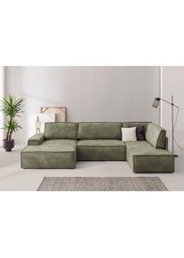 Wohnlandschaft »SHERWOOD 329 cm, U-Form, Schlafsofa,« Schlaffunktion m. Bettkasten (194x139 cm), Cord, Vintage, Samtvelours , grün , Home Affaire