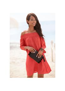 s.Oliver , Strandkleid aus gewebter Viskose, kurzes Tunikakleid, Sommerkleid, schuterfrei , orange , Elastischer Gummizug am Ausschnitt