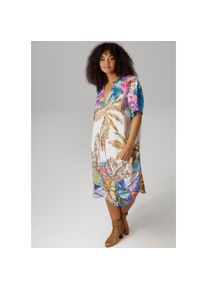 Aniston PLUS , Blusenkleid mit farbenfrohem, grossflächigem Palmendruck , bunt , Kleid aus weich fallender Viskose