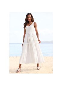 Beach Time Beachtime, Unisex, Maxikleid aus gewebter Baumwolle, Sommerkleid mit gestuftem Rock, wei&szlig;, 36, N-Gr, Gesmoktes Oberteil mit V-Ausschnitt
