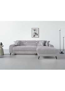 Ecksofa »Mia L-Form mit 3 Zierkissen« wahlweise mit Bettfunktion, Bettkasten, Beleuchtung & Wireless-Charger , grau , COTTA