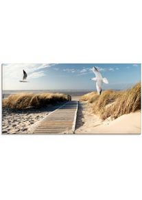 Glasbild »Nordseestrand auf Langeoog mit Möwen«, Strand, (1 St.), in verschiedenen Grössen , blau , Artland