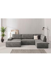 Wohnlandschaft »SHERWOOD 329 cm, U-Form, Schlafsofa,« Schlaffunktion m. Bettkasten (194x139 cm), Cord, Vintage, Samtvelours , grau , Home Affaire