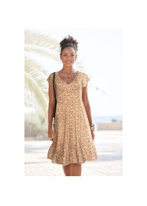 Buffalo, Unisex, Jerseykleid mit Bl&uuml;mchenprint und V-Ausschnitt, Sommerkleid, Strandkleid, braun, creme, bedruckt, 36, N-Gr, V-Ausschnitt