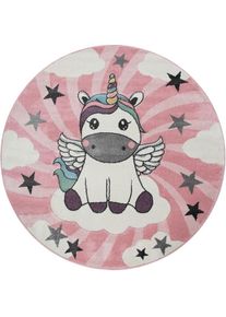 Kinderteppich »Cosmo 395« rund 12 mm Höhe 3D-Design, niedliches Einhorn Motiv, Pastell-Farben, Kinderzimmer , pink , Paco Home , Obermaterial: 100%...
