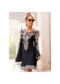 Lascana , Jerseykleid, mit Bordürendruck und Schnürung am Ausschnitt, Sommerkleid , schwarz , Kaftankleid mit Schnürung am Ausschnitt