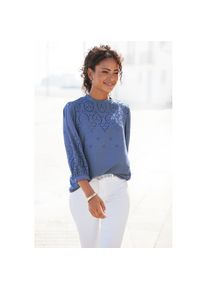Lascana, Unisex, Lascana Schlupfbluse mit Lochstickerei und dezenten R&uuml;schen, 3/4-&auml;rmelige Unisexbluse, blau, 36, Bluse mit Lochstickerei
