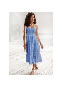 Buffalo , Midikleid mit hochwertiger Lochstickerei, luftiges Sommerkleid aus Baumwolle , blau , Schmal geschnittenes Oberteil