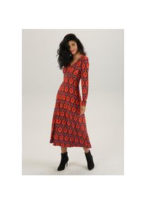 Aniston Selected, Unisex, Aniston SELECTED Midikleid mit Smok-Eins&auml;tzen und Retro-Druck, dunkelrot, schwarz, blau, rot, 46, N-Gr, Kleid mit gesmokten 