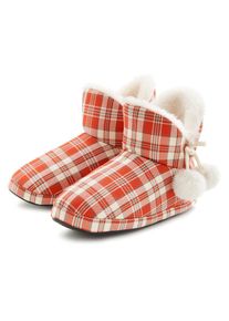 Vivance, Unisex, Hausschuh mit Bommelverzierung, Pantolette, Pantoffel, Pl&uuml;sch Hausschuhe VEGAN, rot, beige, 37, Mit verspielter Bommelverzierung & 