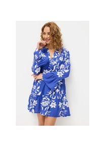 Lascana, Unisex, Lascana Longbluse aus weicher Webware mit Leinenanteil, sommerliche Tunika, royalblau, creme, 44/46, V-Ausschnitt mit Blende