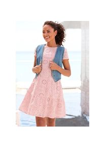 Buffalo , Spitzenkleid, kurzes Sommerkleid aus Lochstickerei , lila , Sommerkleid mit hohem Rundhalsausschnitt