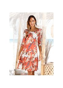 s.Oliver , Jerseykleid mit Blumenprint und Volantrock, 3/4-Ärmel, Sommerkleid, Strandkleid , orange , 3/4-Ärmel mit Gummibund