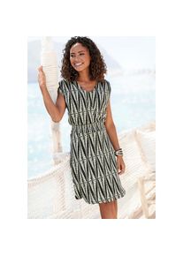 Lascana , Jerseykleid, mit breitem Smokbund, kurzes Sommerkleid im Alloverprint, Strandkleid , schwarz , Tiefer Rundhalsausschnitt