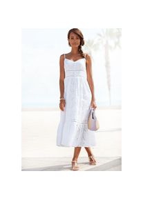 Buffalo, Unisex, Midikleid mit hochwertiger Lochstickerei, luftiges Sommerkleid aus Baumwolle, wei&szlig;, 34, N-Gr, Schmal geschnittenes Oberteil