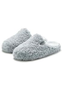 ELBSAND , Hausschuh, Pantolette, Pantoffel, Mule, Sandale, kuscheliges Fellimitat , grau , Bequemer Hausschuh zum Reinschlüpfen