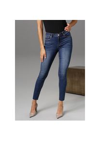Aniston Casual, Unisex, Aniston CASUAL Skinny-fit-Jeans regular waist - mit ausgefransten Beinabschluss, dunkelblau, 48, N-Gr, Unisexjeans aus 